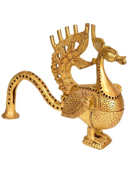 9" Handheld Peacock-Breast Incense Vessel In Brass | Handmade | Made In India