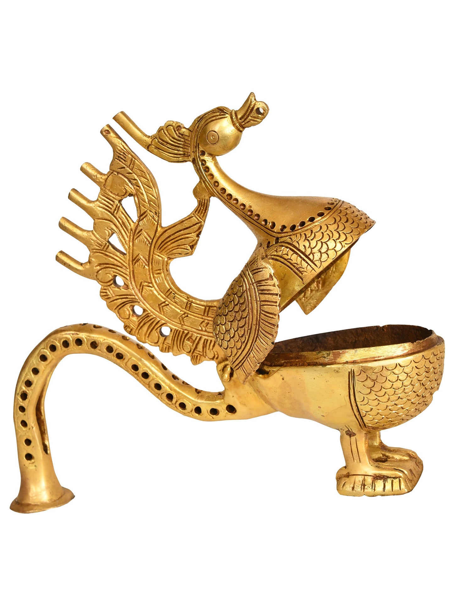 9" Handheld Peacock-Breast Incense Vessel In Brass | Handmade | Made In India