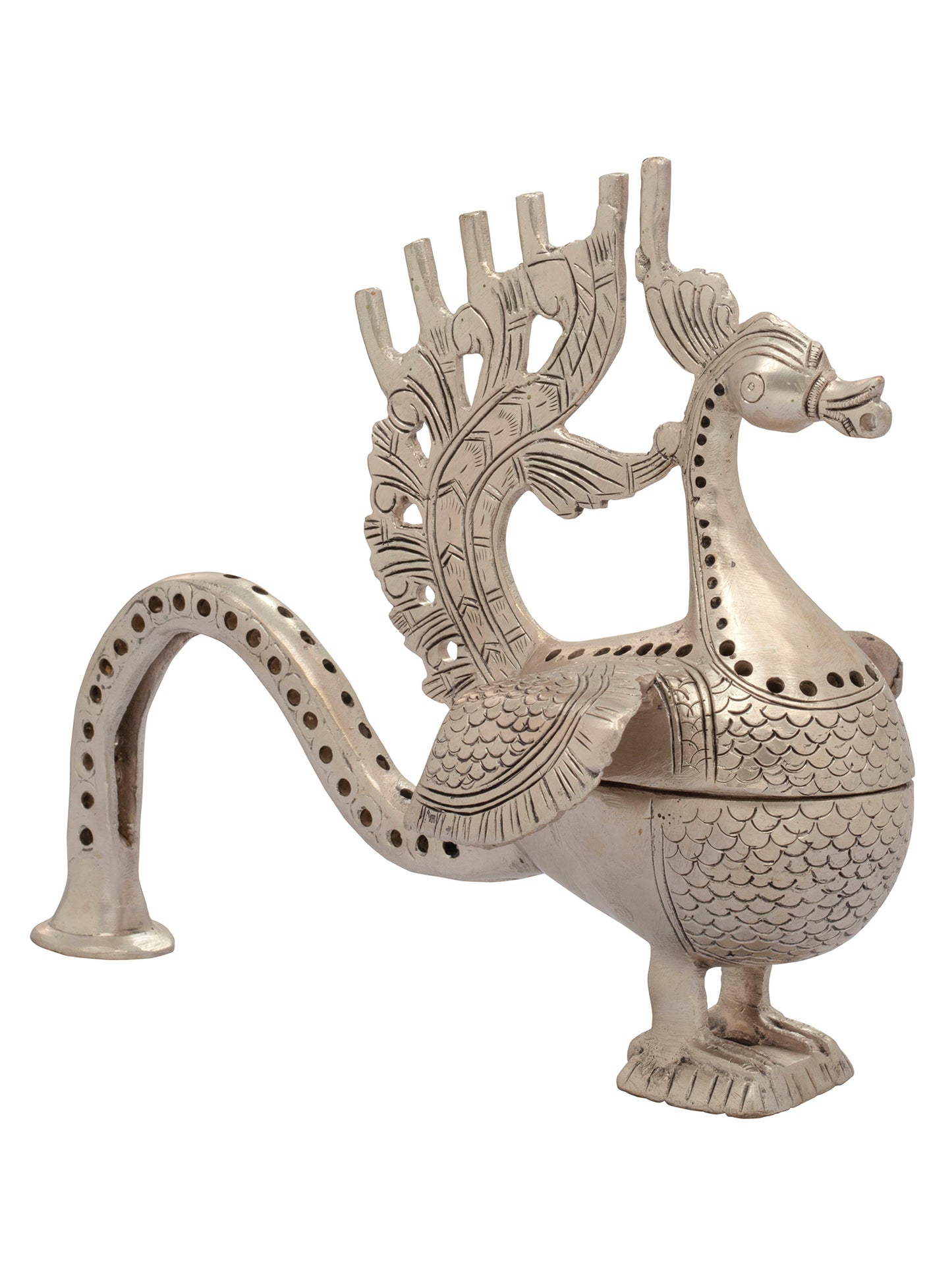 9" Handheld Peacock-Breast Incense Vessel In Brass | Handmade | Made In India