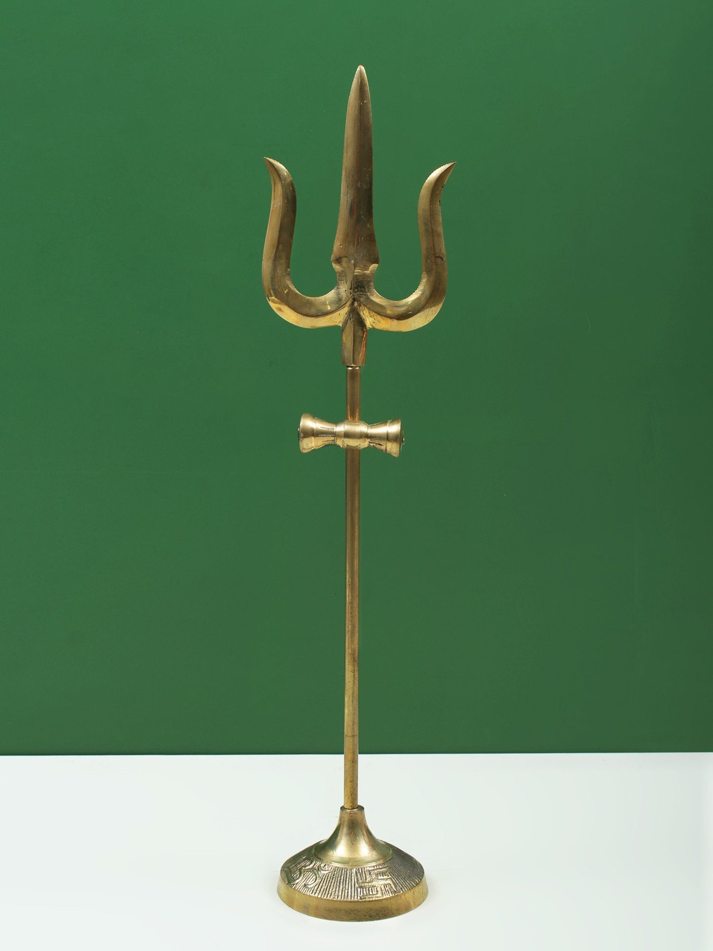 Designer Brass Trident With Small Damru And Base | Handmade Brass Trishul For Gifting