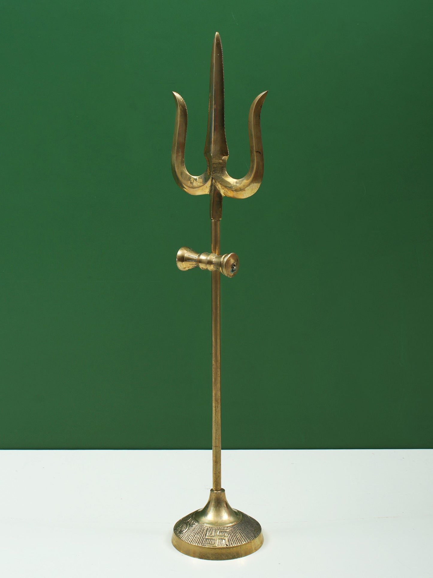 Designer Brass Trident With Small Damru And Base | Handmade Brass Trishul For Gifting