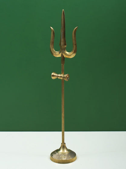 Designer Brass Trident With Small Damru And Base | Handmade Brass Trishul For Gifting