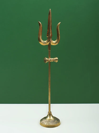 Designer Brass Trident With Small Damru And Base | Handmade Brass Trishul For Gifting