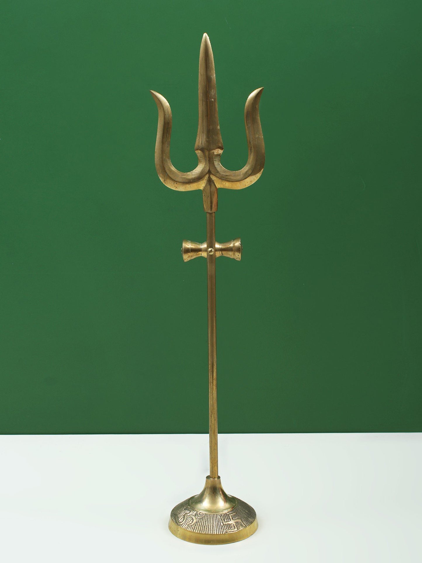 Designer Brass Trident With Small Damru And Base | Handmade Brass Trishul For Gifting