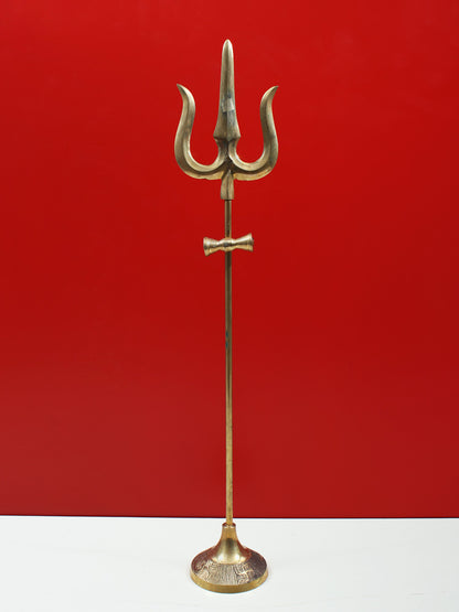 Designer Brass Trident With Small Damru And Base | Handmade Brass Trishul For Gifting