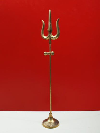 Designer Brass Trident With Small Damru And Base | Handmade Brass Trishul For Gifting