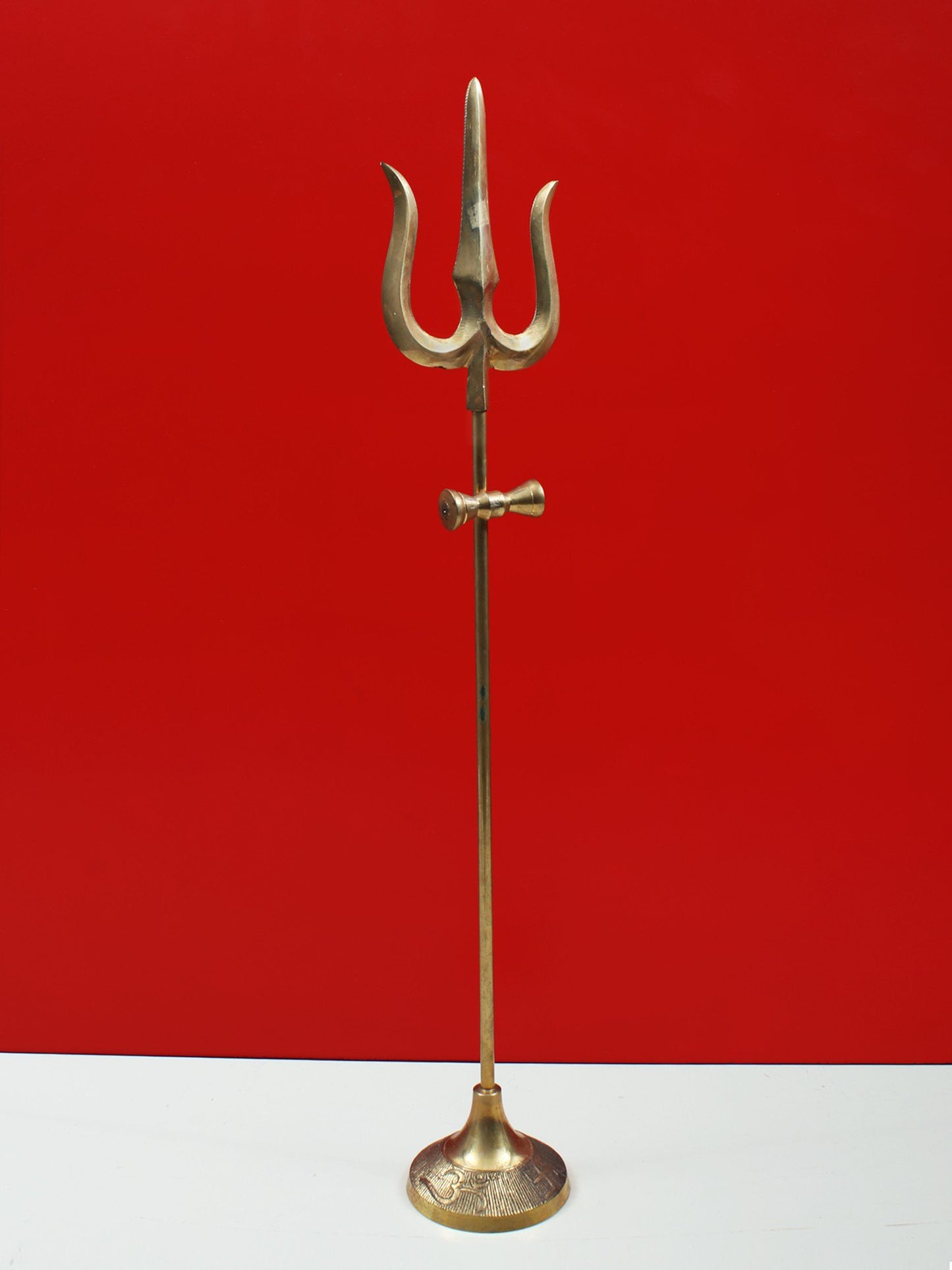 Designer Brass Trident With Small Damru And Base | Handmade Brass Trishul For Gifting