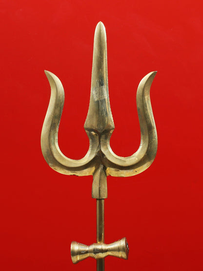 Designer Brass Trident With Small Damru And Base | Handmade Brass Trishul For Gifting