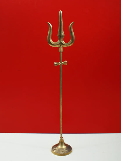 Designer Brass Trident With Small Damru And Base | Handmade Brass Trishul For Gifting