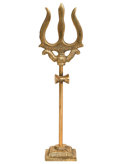 The Mahadeva's Trishul (Trident) With Damru And Round Base | Handmade Brass Trishul For Gifting