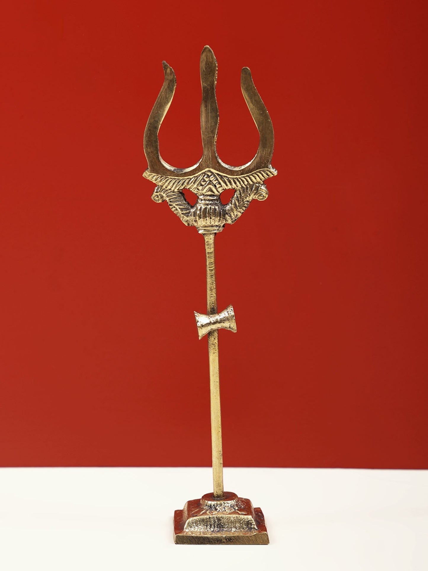 The Mahadeva's Trishul (Trident) With Damru And Round Base | Handmade Brass Trishul For Gifting