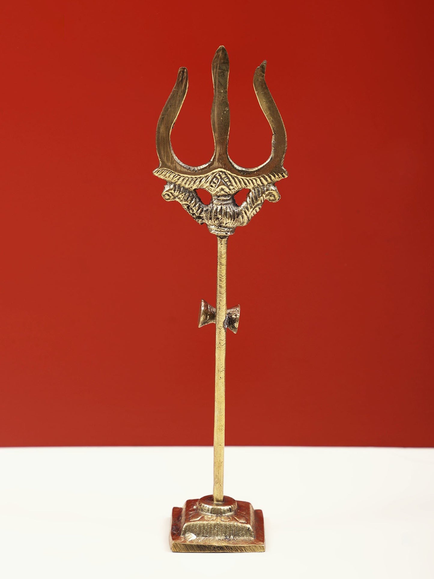 The Mahadeva's Trishul (Trident) With Damru And Round Base | Handmade Brass Trishul For Gifting