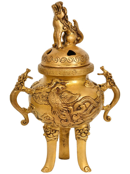 9" Incense Burner with Snow Lions in Brass | Handmade | Made in India