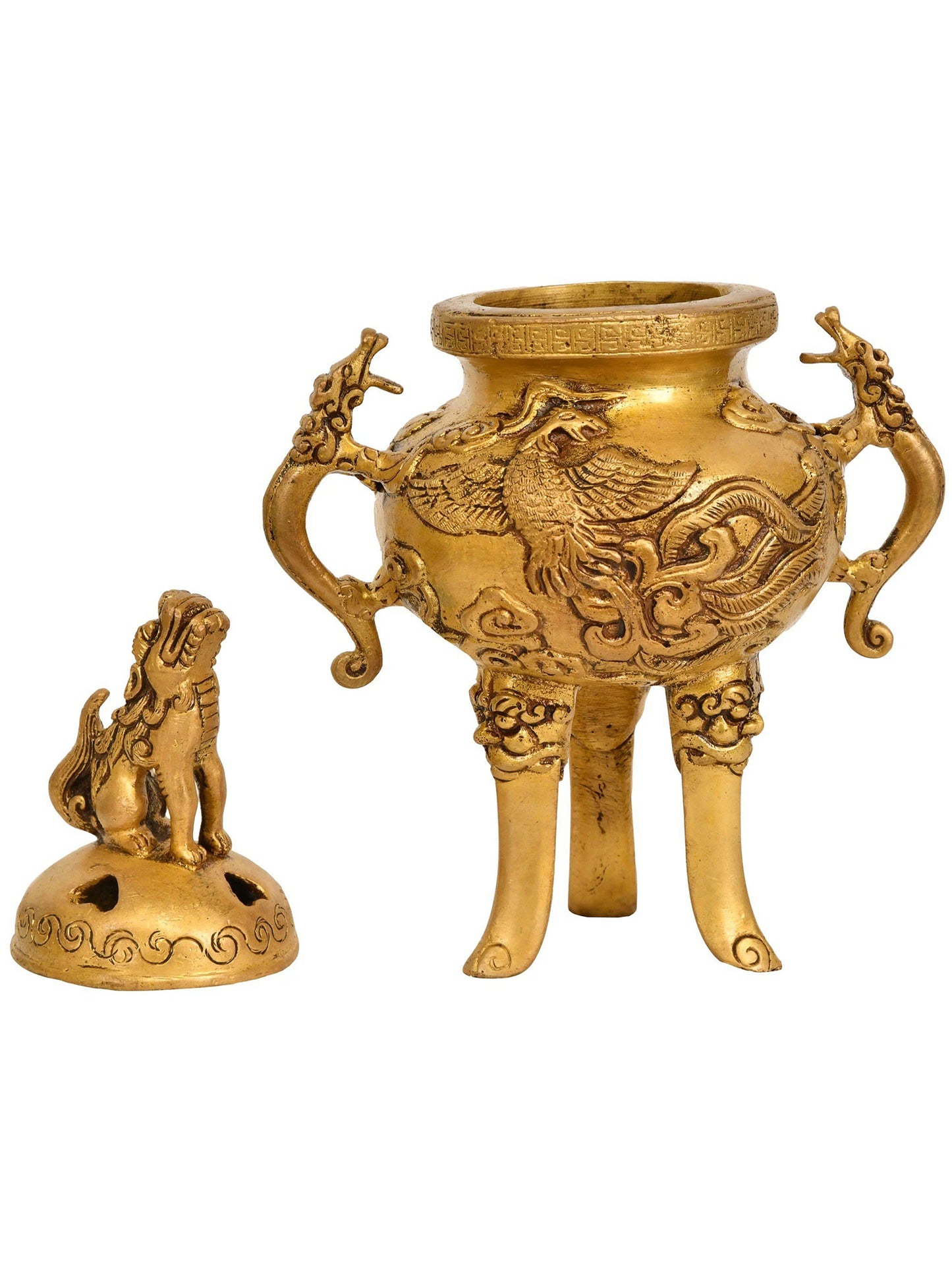 9" Incense Burner with Snow Lions in Brass | Handmade | Made in India